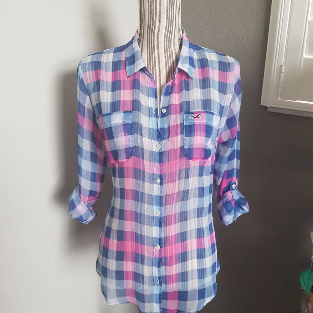 Sheer pink blue plaid Button Down blouse